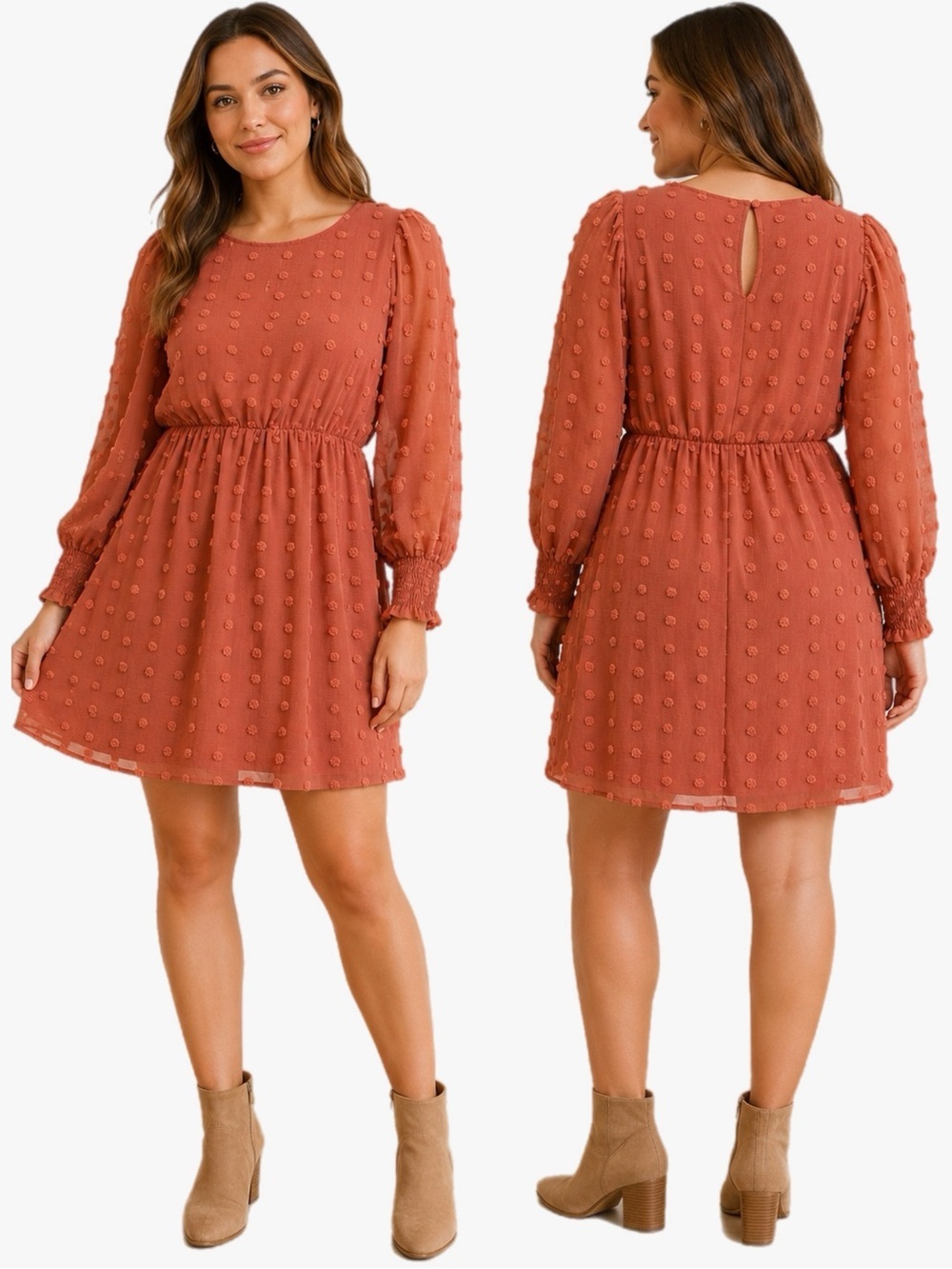 Paper Crane Swiss Dot Babydoll Mini Dress Rust Long Sleeve Size Small
